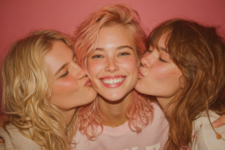 Group of three women with different hair colors and styles are playfully kissing each other, radiating joy and friendship in a colorful setting filled with warmth and positivityの素材