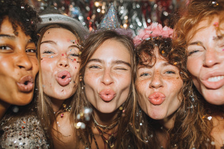 Diverse group of women enjoying a festive celebration, wearing colorful outfits and party hats, surrounded by confetti, capturing joyful moments of friendship and happinessの素材