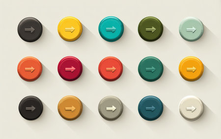 Round buttons in multiple colors featuring arrows, arranged neatly in a grid, highlighting contemporary design aesthetics and usability in digital interfacesの素材