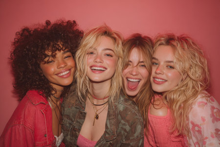 Four young women with diverse hairstyles and outfits, smiling together against a bright pink backdrop, capturing the essence of friendship and joy in a lively settingの素材