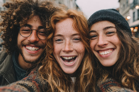Three young individuals are smiling and posing for a selfie outdoors, showcasing their unique hairstyles and joyful expressions, embodying friendship and funの素材