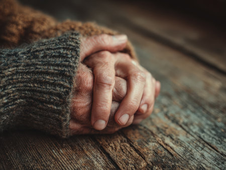 Close-up of aged hands resting on a weathered wooden surface, highlighting the intricate textures and warmth of human connection in a peaceful atmosphereの素材