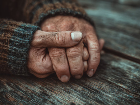 Two hands with visible signs of age are clasped together, featuring textured skin and knitted sleeves, conveying a sense of connection and warmth in a rustic environmentの素材