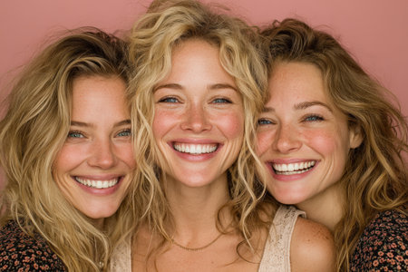 Three cheerful women with blonde hair are posing together against a soft pink backdrop, showcasing their smiles and the warmth of friendship in a lively settingの素材