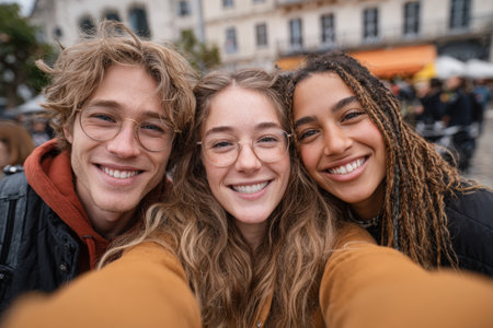 Three friends of different ethnicities are taking a cheerful selfie outdoors, surrounded by a lively urban atmosphere, capturing a moment of friendship and joyの素材