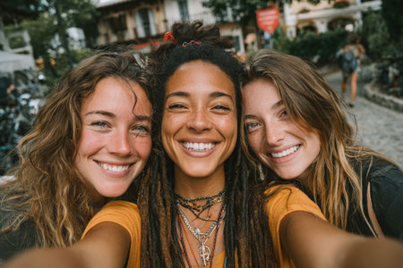 Three women with different ethnic backgrounds are happily posing for a selfie outdoors, with lush greenery and urban elements in the background, showcasing a joyful atmosphereの素材