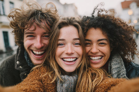 Three friends are happily posing for a selfie outdoors, surrounded by an urban backdrop, radiating joy and friendship in a lively atmosphereの素材