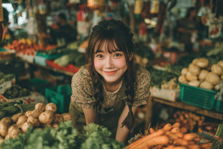 Smiling female with braided hair stands amidst colorful vegetables in a lively market, highlighting the importance of fresh produce and community connectionsの素材