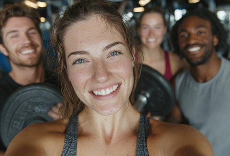 Happy female fitness enthusiast captures a selfie with friends in a gym, surrounded by weights and exercise equipment, celebrating teamwork and motivationの素材