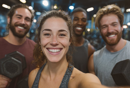 Diverse group of fitness enthusiasts happily posing for a selfie in a gym, highlighting their enthusiasm and teamwork in a lively workout atmosphereの素材