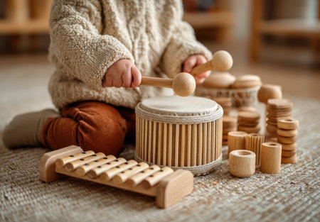 Child engages with wooden musical instruments, including a drum and xylophone, on a textured rug in a warm, playful environment filled with natural lightの素材