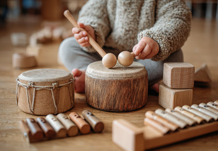 Child is joyfully playing with various wooden musical instruments, including drums and xylophone, in a bright and inviting space, fostering creativity and explorationの素材