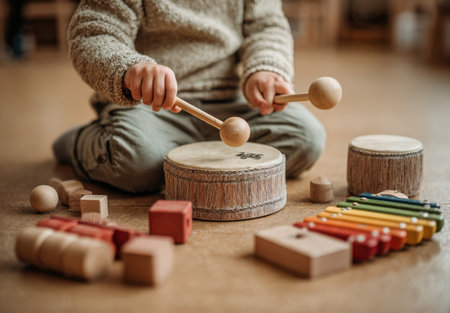 Child enthusiastically plays drums with wooden sticks, surrounded by vibrant musical instruments and blocks, fostering creativity and joy in a playful environmentの素材