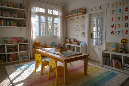 Cheerful children's playroom with a wooden table and yellow chairs, surrounded by colorful rugs and bookshelves filled with books, fostering a creative learning spaceの素材