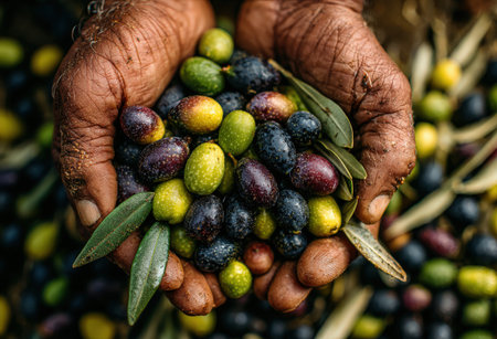 Hands display a colorful mix of freshly picked olives, highlighting their rich textures and hues, with olive leaves and fruits in the surrounding natural environmentの素材