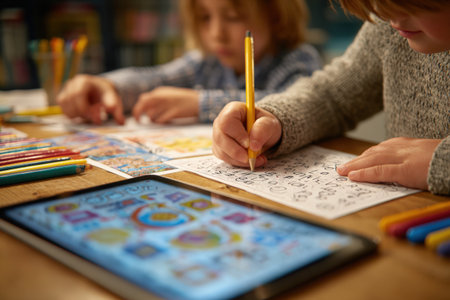 Children are actively participating in creative tasks, one using a yellow pencil on paper while the other interacts with a tablet, surrounded by vibrant art materialsの素材