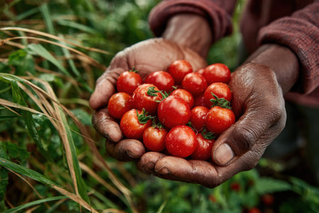 African American farmer displays freshly picked red tomatoes in hands, surrounded by vibrant green plants, highlighting the essence of organic farming and dedication to sustainabilityの素材