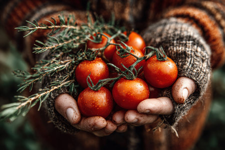 Close-up of hands presenting ripe red tomatoes with green foliage, highlighting the beauty of organic produce and the connection to nature in a garden environmentの素材