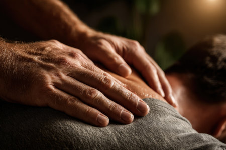 Male hands gently massage the back of a relaxed person, emphasizing the soothing nature of the treatment and the tranquil ambiance of the wellness environmentの素材