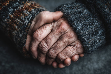Aged and youthful hands intertwined, showcasing the beauty of connection and love, with textures of skin and fabric creating a warm, intimate atmosphereの素材