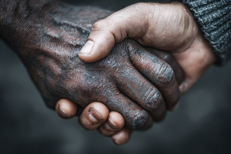 Hands of different skin tones clasped together, showcasing unity and connection, emphasizing the beauty of diversity and friendship in a close-up perspectiveの素材