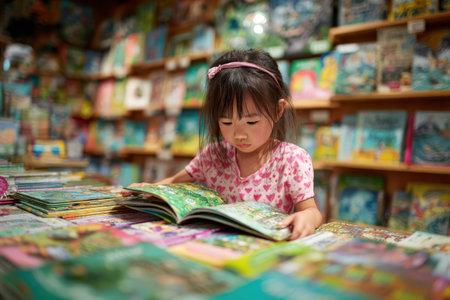 Child with black hair is deeply engaged in reading a colorful book in a warm bookstore, surrounded by shelves of children's literature and vibrant illustrationsの素材