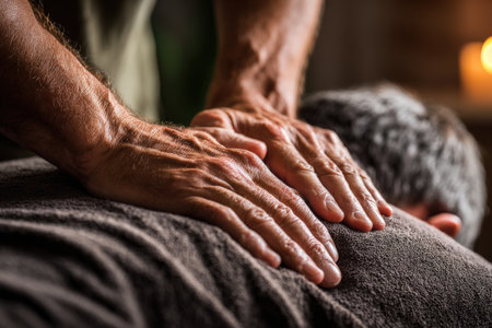 Male massage therapist uses skilled hands to deliver a soothing massage on a clients back, surrounded by a calming atmosphere and soft textures for relaxationの素材
