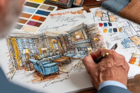 Elderly man is illustrating a living room concept with vibrant colors and notes on a table, highlighting artistic skills and design process in interior decorationの素材