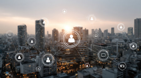 City skyline during sunset featuring digital connections representing social media interaction, highlighting the blend of technology and urban life in a vibrant atmosphereの素材