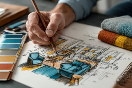 Individual is sketching a living room layout with blue chairs and color swatches, highlighting the artistic process and creativity in interior designの素材
