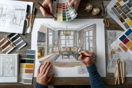 Two artists are working on a living room design sketch, surrounded by color palettes and architectural plans, capturing the essence of creativity and designの素材