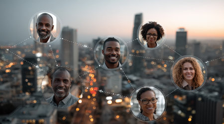 Diverse group of individuals connected digitally, representing modern communication and collaboration, with city skyline and lights creating vibrant atmosphereの素材