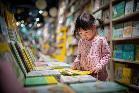 Child with black hair, engaged in reading colorful book in lively bookstore, surrounded by shelves of children's literature, creating a joyful atmosphereの素材