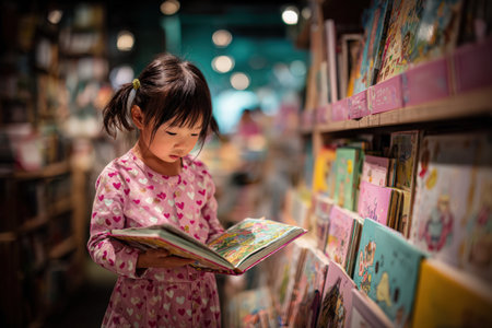 Child with dark hair, dressed in pink heart-patterned outfit, is engrossed in a storybook in a warm bookstore, surrounded by vibrant children's books and inviting atmosphereの素材