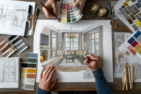 Two artists are working on a living room design sketch, surrounded by color palettes and architectural plans, capturing the essence of creativity and designの素材