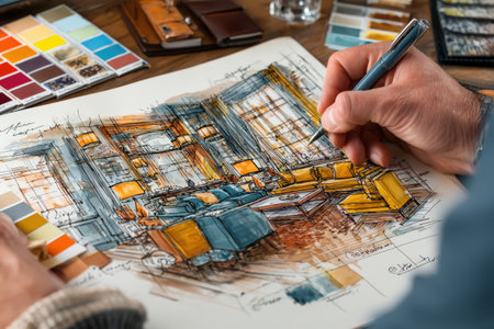 Artistic interior design sketch illustrates a cozy living room with vibrant furniture and warm lighting, capturing the essence of creativity and design explorationの素材