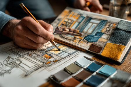 Designer is illustrating an interior concept with colored fabric swatches, capturing the essence of creativity and design in a warm, inviting workspaceの素材