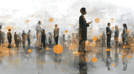 Group of business individuals interacting in a contemporary setting, surrounded by abstract digital graphics and vibrant colors, showcasing professional networkingの素材