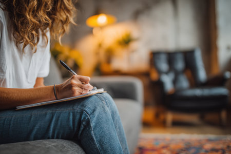 Female individual with curly hair is seated on a couch, writing notes in a notebook, with a warm and inviting living room setting, reflecting a creative processの素材