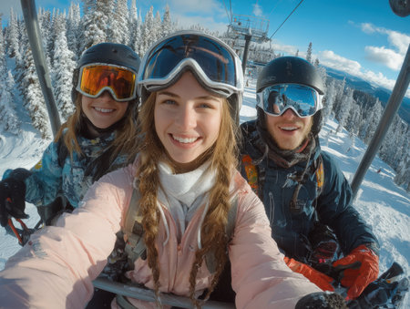 Three young adults on ski lift in snowy mountains, dressed in colorful winter gear, sharing smiles and excitement, embodying the joy of winter sportsの素材