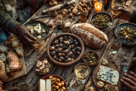 Diverse hands gather around a rustic wooden table filled with gourmet dishes, including bread, seafood, and vegetables, fostering a warm communal dining experienceの素材