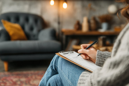 Female writer in comfortable sweater, seated in stylish chair, jotting down notes on clipboard in inviting interior with warm lighting and decor elementsの素材