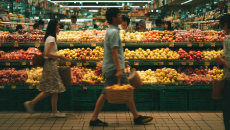 Shoppers are navigating a bustling grocery store, surrounded by an array of fresh fruits and vegetables, creating a vibrant market atmosphereの素材