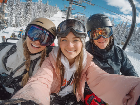 Group of female skiers smiling on a chairlift, surrounded by snow-covered trees and mountains, showcasing the excitement of winter sports and friendshipの素材