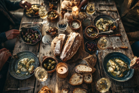 A beautifully arranged rustic table features gourmet dishes, fresh bread, and wine glasses, inviting guests to enjoy a cozy and memorable dining experienceの素材