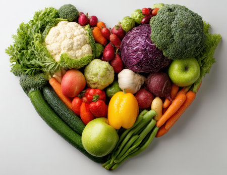 Colorful heart-shaped display of assorted vegetables and fruits, featuring broccoli, cauliflower, apples, and carrots, emphasizing healthy lifestyle choices and nutritionの素材