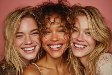 Three smiling women, representing diverse backgrounds, are posing together against a soft pink backdrop, embodying joy, friendship, and a sense of communityの素材