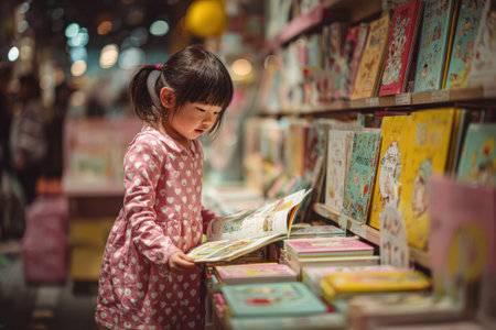 Child in pink dress is engaged with colorful books on a shelf in a lively bookstore, surrounded by a warm atmosphere of curiosity and explorationの素材