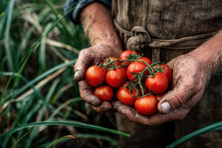 Weathered hands of a farmer cradle freshly picked tomatoes, highlighting their rich colors and textures amidst a backdrop of green foliage, representing agricultural dedicationの素材