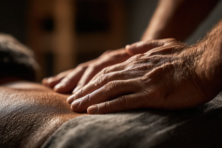 Skilled hands are providing a therapeutic massage on a person's back, emphasizing relaxation and wellness in a tranquil setting with soft lighting and soothing ambianceの素材